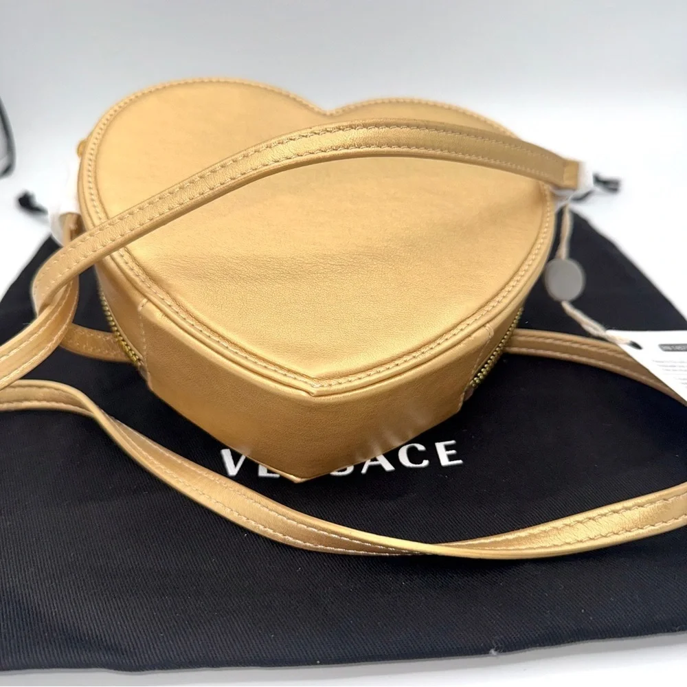 NWT Versace Heart Medusa Crossbody Strap Bag Gold Leather Kids Purse Logo Plaque